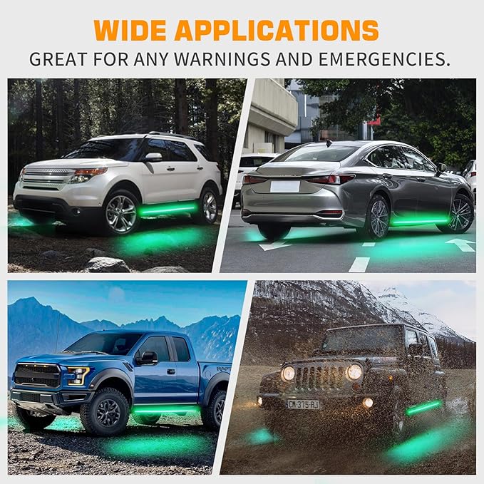 XRIDONSEN 2PCS 60 inch Green Running Board Lights Strip 720 LED Emergency Strobe Lights Flashing Warning Safety Caution Side Lights w/Waterproof Tube for Trucks Construction Vehicles SUV Jeep Car