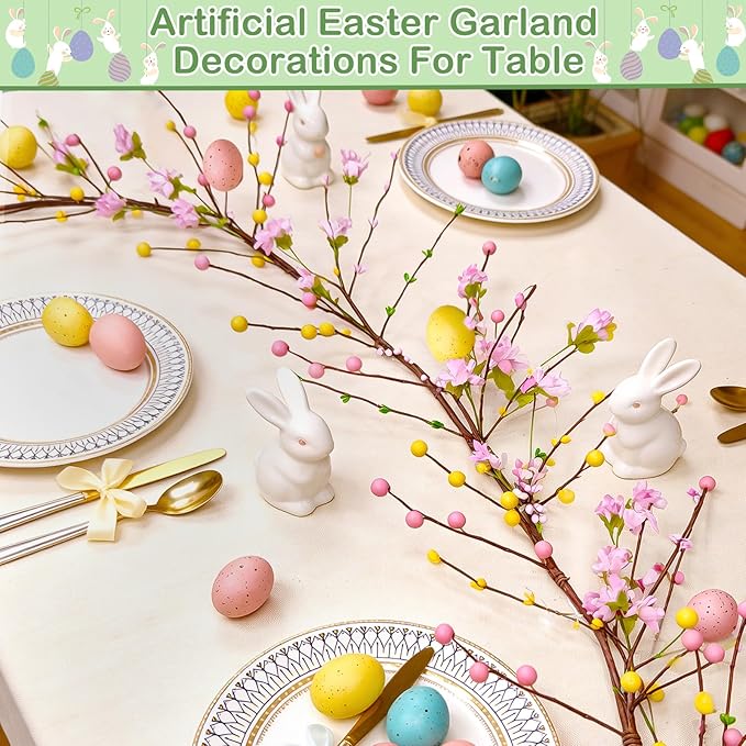6 Ft Easter Garland with Lights Timer Easter Decorations, Artificial Easter Egg Garland Berried Pink Flower Spring Garland Battery Operated for Home Table Mantle Fireplace Holiday Decor Indoor Outdoor
