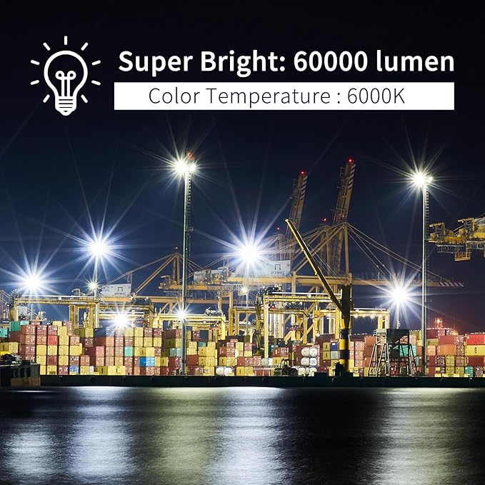 600W LED Flood Light 6000K Daylight White 60000LM, Wider Lighting Angle, IP66 Waterproof for Commercial Parking Lot Lights, for Yard Street Stadium Outdoor Area Floodlight Bright Security Lights