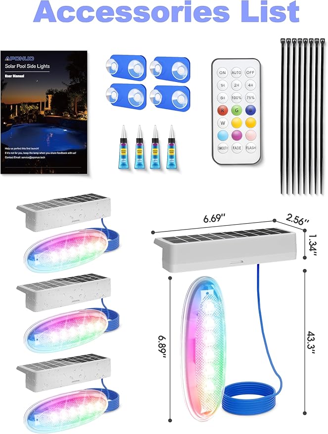 APONUO Solar Pool Lights, Pool Solar Lights for Above Ground Pools with Remote, IP68 Waterproof, RGB Color Changing Solar Powered Pools Light for Pond, Yard, Fountain (4 Pack)