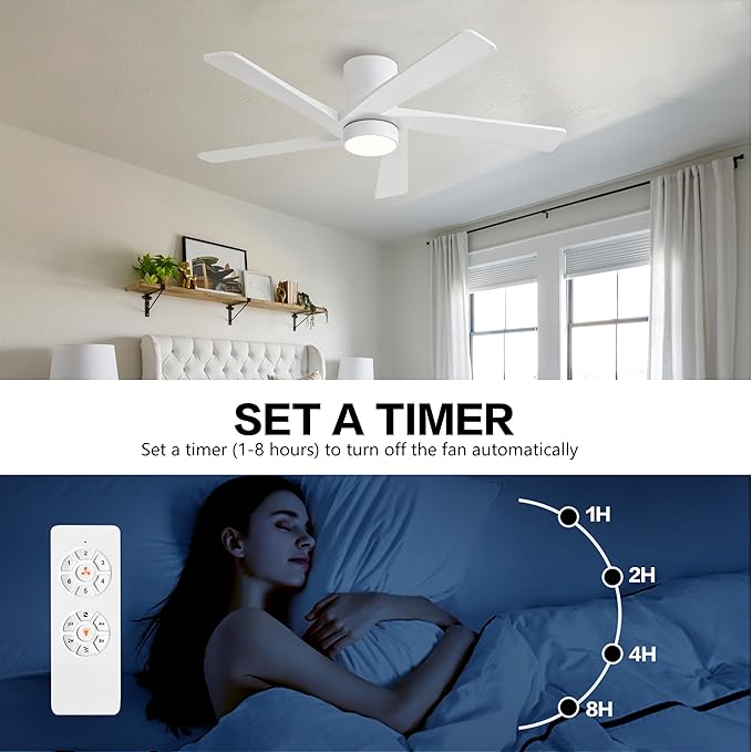WINGBO 54 Inch Flush Mount DC Ceiling Fan with Lights and Remote, 5 Reversible Carved Wood Blades, 6-Speed Noiseless DC Motor, Hugger Ceiling Fans in White Finish, Low Profile Ceiling Fan, ETL Listed