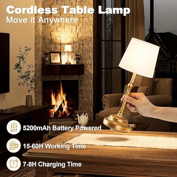 VOLISUN Cordless Table Lamp, 5200mAh Battery Operated Lamp, Touch Dimmable Wireless Lamp Bedside Light for Bedroom, Living Room, Dining Room (Gold, 1 Pack)