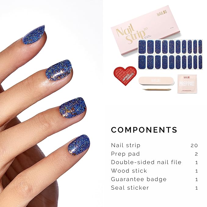 NAILOG Semi Cured Gel Strips - 20 Pcs Nail Stickers | Buy 2 Get 1 UV Light | Extra Long Wraps With Glossy Gel Finishing Glitter, Blue Glam