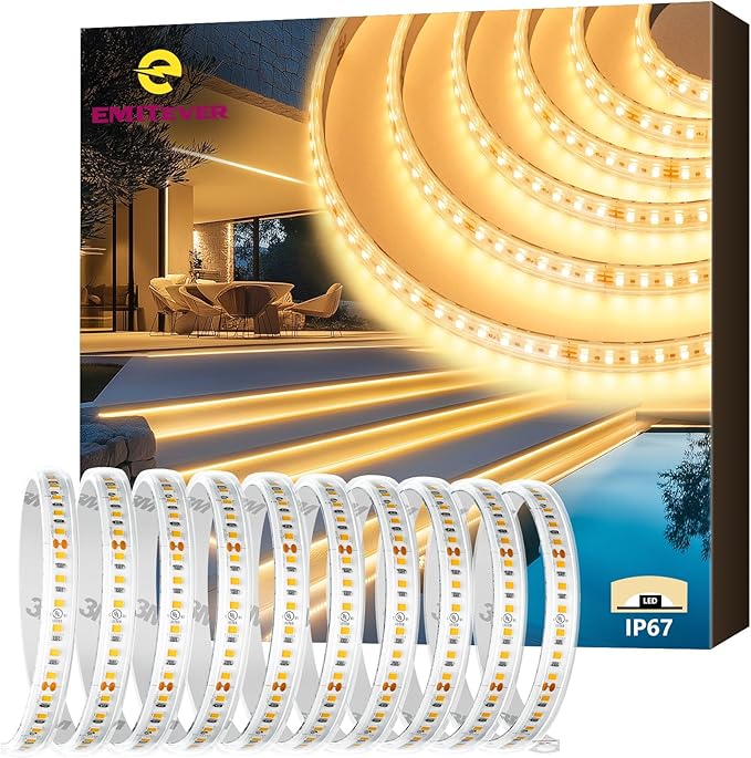 EMITEVER Outdoor LED Strip Lights Waterproof 16.4ft, 2700K Warm White 24V Dimmable Silicone LED Tape Lighting IP67 High Density, 240+LM/ft, 600LEDs,2.9W/ft, UL Listed (Power Supply Not Included)