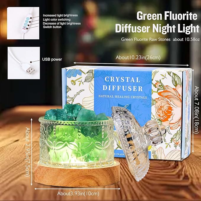 Runyangshi Crystal Lamp Night Light - Natural Green Fluorite Crystal Stone, 3 Lighting Modes with 10 Brightness Levels, Kid & Pet Friendly Design, USB Powered, Ideal for Home and Decor & Gift