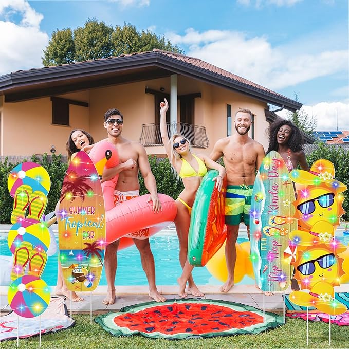 Bencailor 4 Pcs Summer Outdoor Yard Decoration Summer Beach Pool Yard Signs with Stakes LED Hawaiian Themed Party Supplies Beach Ball Surfboard Slipper Decor for Outdoor Lawn Garden Patio