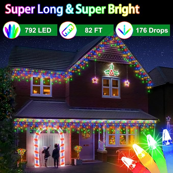 82ft 792 LED 176 Drops Christmas Lights, Outdoor Hanging lights with 8 Modes and Timer Memory, Plug In Outside Waterproof Curtain String Lights for House Fence Tree Holiday Decorations (Multicolor)