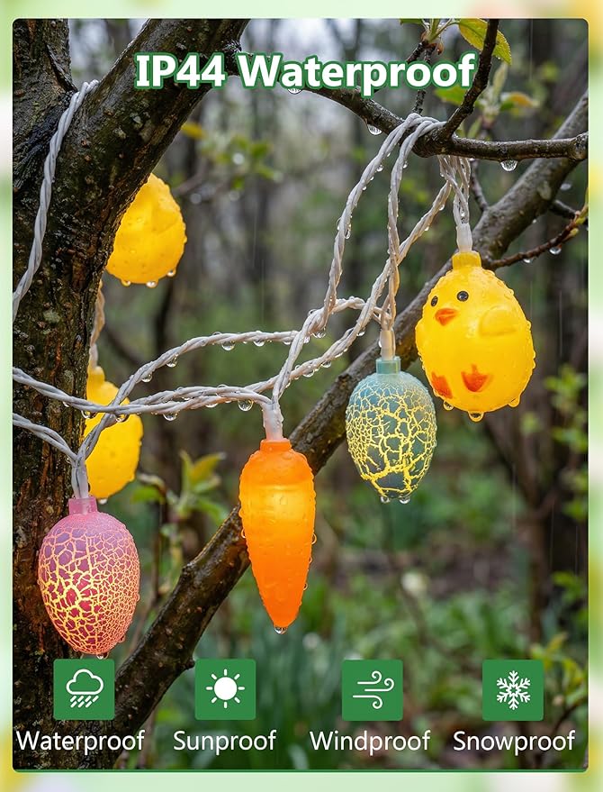 GOOTHY 8.5Ft Outdoor Easter Cracked Egg Chicken and Carrot String Lights Plug in, Hanging Easter Decorations Pastel Lights for Indoor Outdoor Spring Themed Party Patio Garden Birthday Home Decor