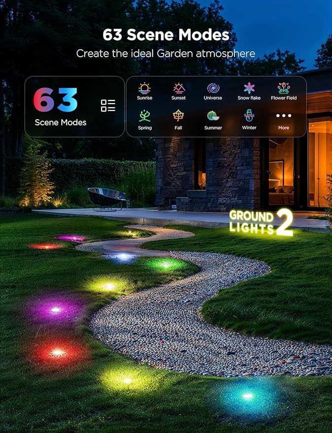 Govee Outdoor Ground Lights 2, 100ft for Patio Decorations, 30 Pack RGBIC Pathway with 100LM Warm White, IP67 Waterproof for Garden, Splitter Connector, Works with Alexa, Google Assistant