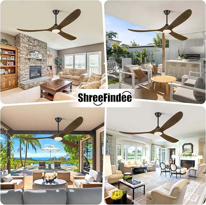 60 Inch Indoor Outdoor Ceiling Fan with Light and Remote, 3 Brown Wood Propeller Blades, Quiet Reversible Energy Efficient DC Motor, Damp Rated for Patio Porch Gazebo Bedroom, Rustic Farmhouse