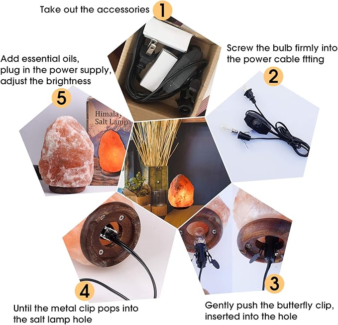 AMOYSTONE Portable Salt Lamp 6-7 Inch, Natural Himalayan Crystal with Wood Base & Dimmer(4-6 lbs)
