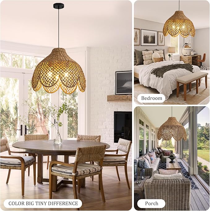 Rattan Pendant Light Fixtures,18.11" Boho Seagrass Pendant Light,3-Light Hand Woven Water Plants Rattan Chandelier for Dining Living Bedroom Kitchen Farmhouse