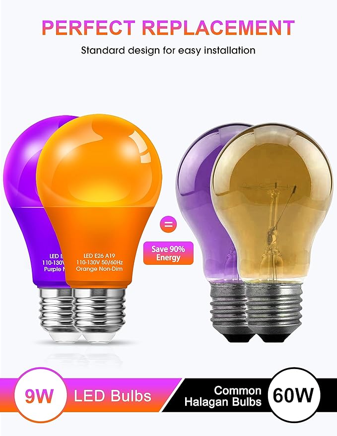 Fulighture Purple Orange Light Bulbs Outdoor [ 4 Pack ] LED A19 Halloween Light Bulbs LED Orange Light 9W (60W Equivalent) - E26 Purple Light Bulb for Porch Colored Christmas Party Home Decor