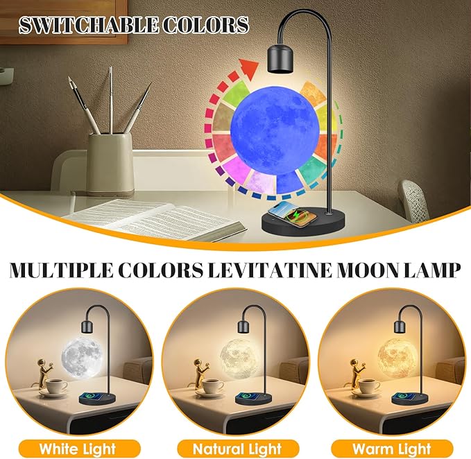 Magnetic Levitating Moon Lamp with Wireless Charging Base, 16M+ Swichable Colors, 3D Printed Floating LED Night Light for Bedroom Decor