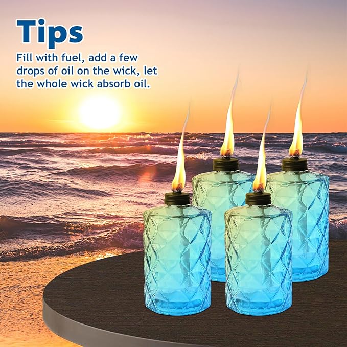 4 Pack Blue Glass Garden Torch 12 oz Outdoor Torch Garden Décor,60-Inch Upgraded Citronella Torches with 3-Prong Grounded Stake for Party Patio Pathway