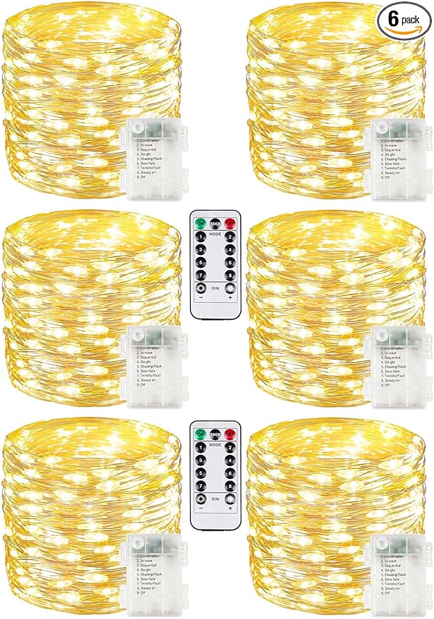 6 Pack 100LED Christmas Battery Operated Fairy Lights with Remote, 8 Modes String Light with Timer, Dimmable, Memory Function, Waterproof Twinkle Lights for Outdoor Indoor Christmas Decor(Warm White)