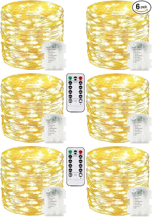 6 Pack 100LED Christmas Battery Operated Fairy Lights with Remote, 8 Modes String Light with Timer, Dimmable, Memory Function, Waterproof Twinkle Lights for Outdoor Indoor Christmas Decor(Warm White)