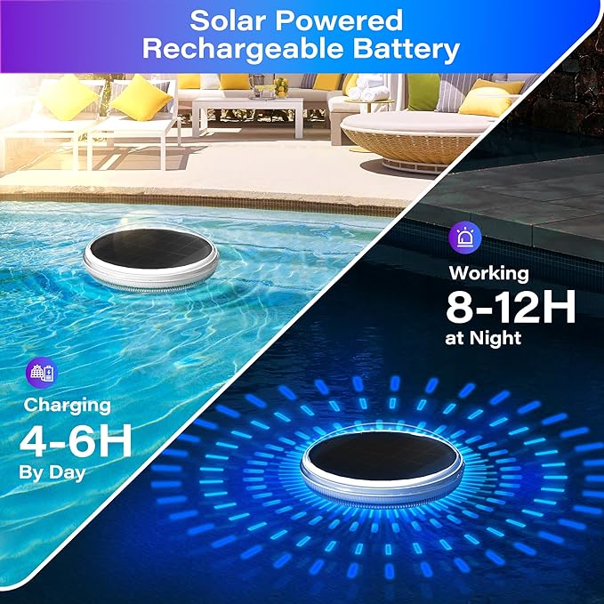 Solar Floating Pool Lights with Remote 4PACK, 12 Color Modes 3 Timer Function, IPX7 Waterproof Rechargeable LED Solar Lights for Bathtub, Pool Parties, Outdoor & Bathroom Decor