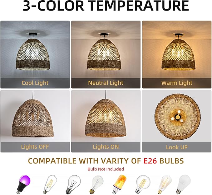 19" Rattan Pendant Light,Hand-Woven Rustic Wicker Hanging Light 3-Light Seagrass Ceiling Chandelier Oval Water Plants Rattan Chandelier for Dining Living Bedroom Kitchen Farmhouse