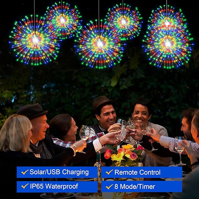 Solar Firework Lights Outdoor, 5 Pack 1000LED Solar Starburst Lights with Remote, 8 Modes Dimmable Waterproof Hanging Fairy Lights for Garden, Patio, Holiday Christmas Decor (Multicolor)