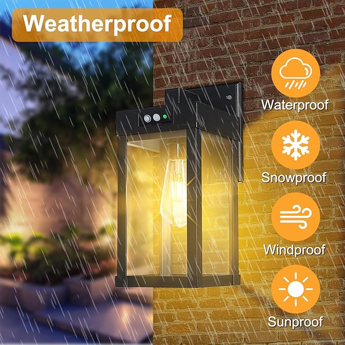 2 Pack Solar Wall Lights Outdoor Waterproof with 3 Lighting Modes & Motion Sensor, Dusk to Dawn Exterior Porch Light fixtures, Solar Wall Lantern Fixture for Garage Porch Yard Front Door