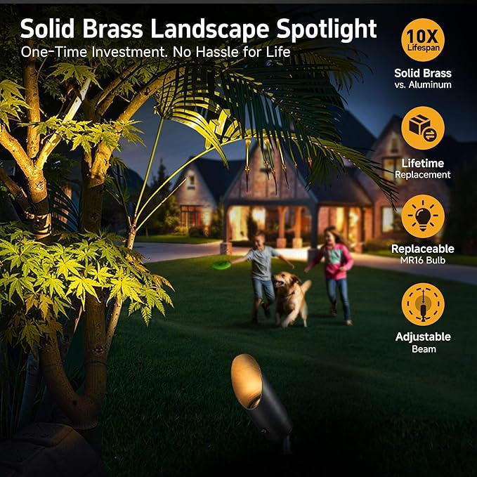 Gardenreet Die-Cast Brass Spot Light Outdoor - 12V Uplighting Waterproof, LED Low Voltage Landscape Lights Metal, Bronze for Fence Fountain with Warm White MR16 Replaceable Bulbs (12 Pack)