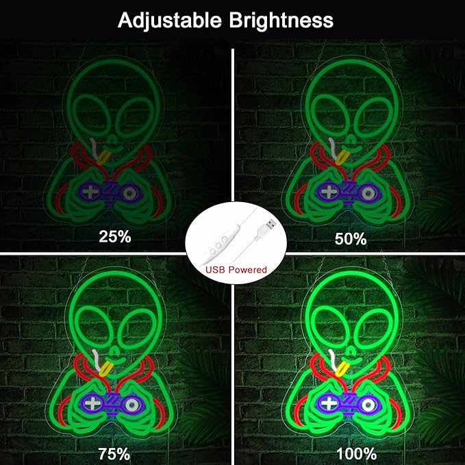 Alien Neon Signs for Wall Decor,Dimmable Alien Playing Games Led Lights Signs for Bedroom Man Cave Game Room Home Bar Party Decor,USB Powered Alien Neon Light for Boys Birthday Gifts 15.7X12.2 in