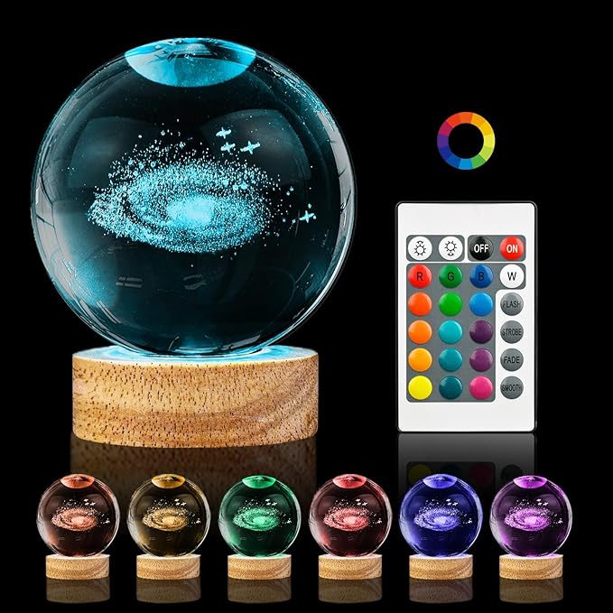 3D Galaxy Crystal Ball Night Light,3.15in k9 Universe Crystal Ball Lamp with 16 Colors Change,Wooden Base and Remote Control Decor Space Astronomy Gifts for Kids