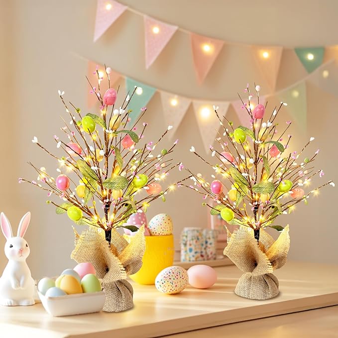 EAMBRITE Easter Decorations Easter Egg Tree with Lights, Lighted Trees Battery Powered, Tabletop Centerpiece Decor with Colorful Egg Ornaments for Home Table Party Spring Decoration (2 Pack)