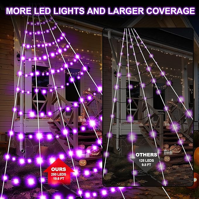 Halloween Spider Webs Decorations Outdoor Lights, 19.7*14.8FT Giant Spider Web with 250LED Purple Lights, Halloween Light up Triangular Black Spider Web with 8 Modes&Spider for Yard Home Parties Decor