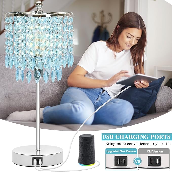Boncoo Crystal Table Lamp with Touch Control and Dual USB Ports - 3-Way Dimmable Bedside Light with Teal Lamps Shade for Living Room Bedroom, Elegant Home Decor - LED Bulb Included