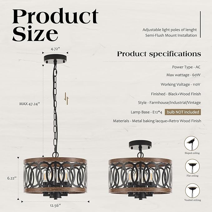 4-Light Farmhouse Drum Pendant Light,12.56'' Nature Wood Texture Vintage Rustic Chandeliers Black Metal Industrial Hanging Light Fixtures for Entryway, Bedroom Dining Room