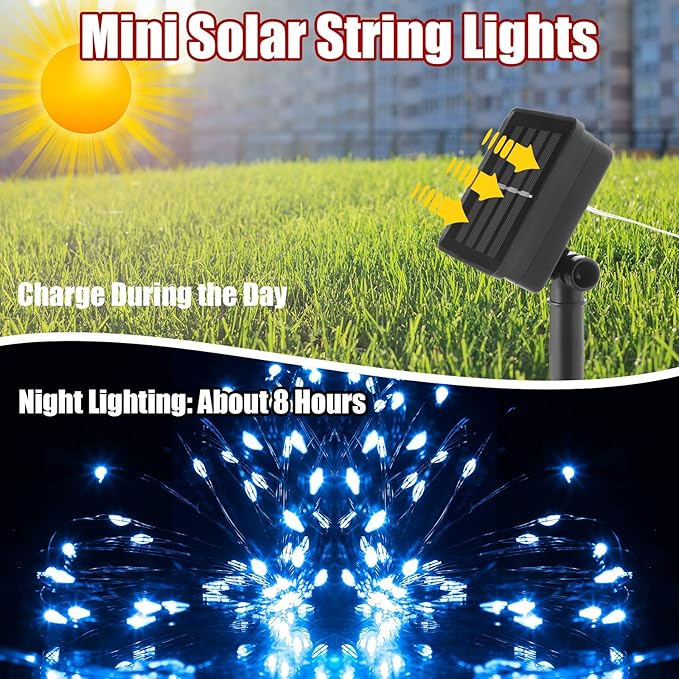 12 Pcs Solar String Lights Solar Mini Teeny Tiny Fairy Firefly Twinkle Light Waterproof 16ft 50 LEDs Garden String for Outdoor Garden Backyard Christmas Decoration(Blue Light)