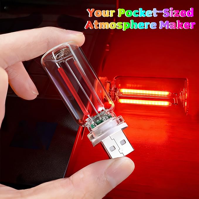 4 PCS Car USB Light Blub, Plug-in LED Ambient Lighting with Touch Dimming. The Brightness Can Be Adjusted Making It for Cars, Bedrooms, Hallways (4 Red)