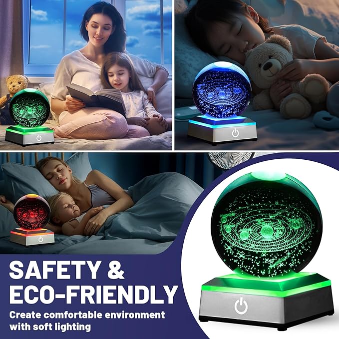 3D Solar System Crystal Ball Night Light with LED Colorful Lighting Touch Base 3.15 in Galaxy Planets Glass Ball Lamp Paperweight Astronomy Gift Decor for Boys Girls Kids Birthday Christmas
