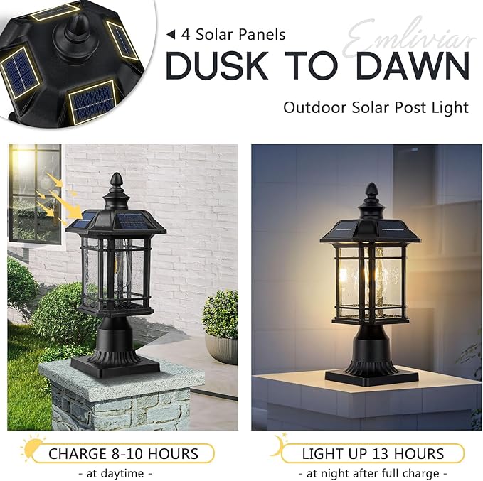 Emliviar 16 Inch Outdoor Solar Post Light, Dusk to Dawn Pier Mount Lamp Post Light with Remote Control, Black Finish with Seeded Glass Shade, A2202110P1-SL BK