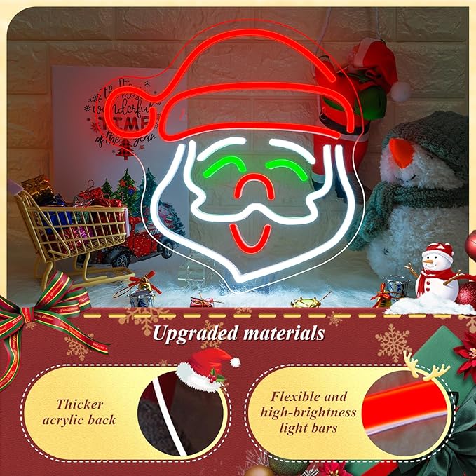 ineonlife Santa Claus Neon Sign Merry Christmas Led Light Up Christmas Neon Signs for Wall Decor Acrylic Board Santa Claus Decor Suitable for Party Indoor Bedroom Gifts