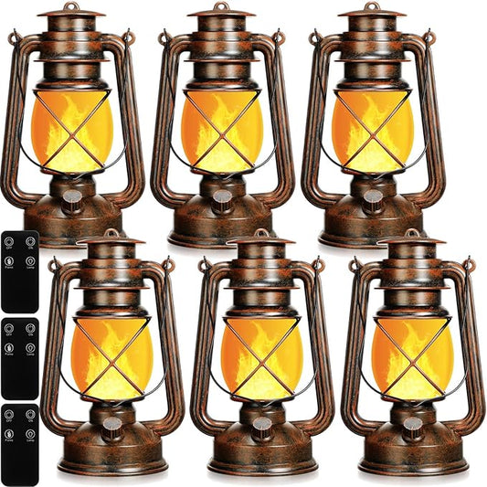 Retisee Vintage LED Lantern Battery Powered Camping Lamp Indoor Outdoor Hanging Lantern Flickering Fire Lamps with Remote Control for Patio Yard Door Front Decor(6 Pcs)