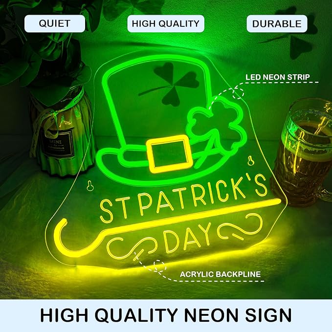 Horseneon St Patricks Day Neon Sign Shamrock Neon Light LED Signs St Patricks Day Decorations Dimmable Green Gold Colors for Wall Art Bedroom Living Room Home Bar Decor