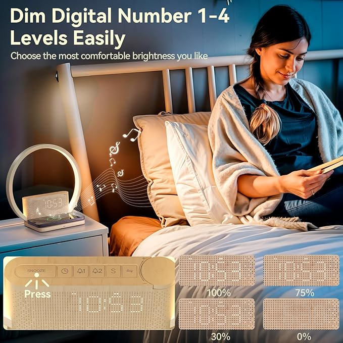 Vivilumens Sunrise Alarm Clock Wireless Charger, 10 White Noise Sound Machine Alarm Clock with 30/60/90 Mins Timer, 3 Levels Touch Night Light Dual Clocks for Heavy Sleeper Bedroom Decor Gifts for Her