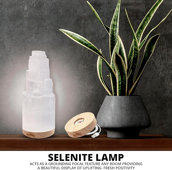 Himalayan Glow Selenite Crystal Lamp 20cm, Hand Curved Morocco |Skyscraper| Crystals and Healing Stones,(ETL Certified) with Wooden Base & USB Charging Cable For Healing Cleansing & Meditation