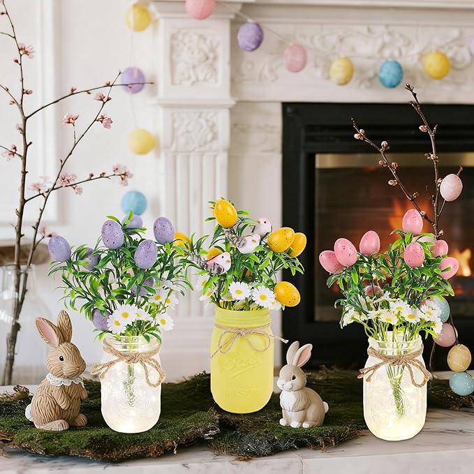 DR.DUDU Easter Decorations for Home, Easter Table Centerpiece with Egg Picks in Glass Vases, Wood Tray & Led Lights with Timer, Spring Decor for Home, Set of 3