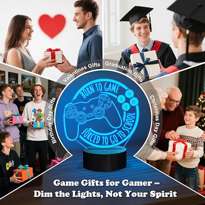Game Night Light, Game Lamp for Kids, Game Console Night Light Gift, Christmas Holiday Birthday Gifts for Boys Boyfriend Him,Born to Game Forced to Go to School Lamp
