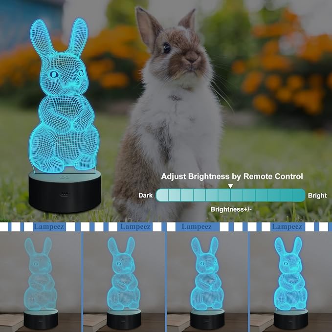 Lampeez 3D Rabbit Lamp Bunny Night Light 3D Illusion lamp for Kids, 16 Colors Changing with Remote, Kids Bedroom Decor as Xmas Holiday Birthday Easter Gifts for Boys Girls