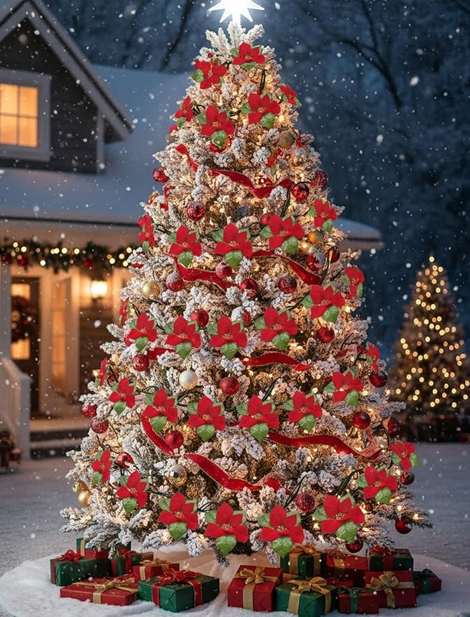 8.5FT Christmas LED Flower String Lights, Christmas Decorations Lights Outdoor with 10 LED Red and Green Flowers Bulbs, Plug in Flower Fairy Light for Valentines Wedding Garden Porch Floral Decor