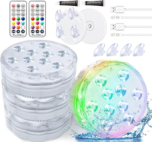 Rechargeable Submersible Pool Lights with Remote, Waterproof Underwater Charging Battery Operated Controlled 25 Color Changing LED with Magnet Floating Lights Pool Pond Decoration (4 Pack)
