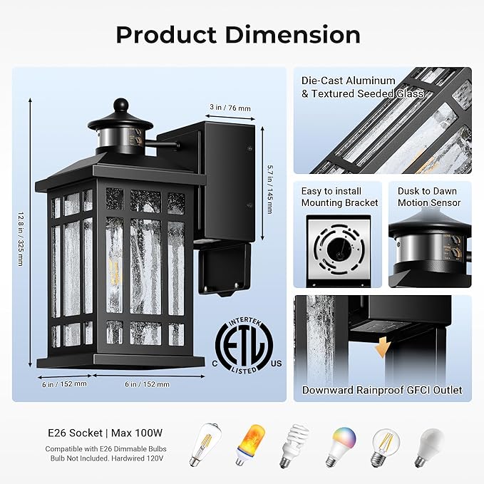 Motion Sensor Outdoor Lights with GFCI, Modern Black Dusk to Dawn Outdoor Lighting, Upgraded Motion Sensor Outside Lighting for House Patio Garage, Adjustable Sensitivity and Time, Hardwired