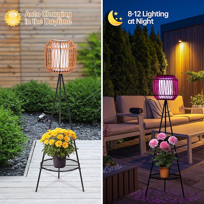 HUYIENO 2pk Solar Floor Lamps Porch Decorations 9 Color Option Outdoor Rattan Lights with Plant Stand Both USB Charge and Solar Powered Garden Lantern Lights for Patio Yard Pathway