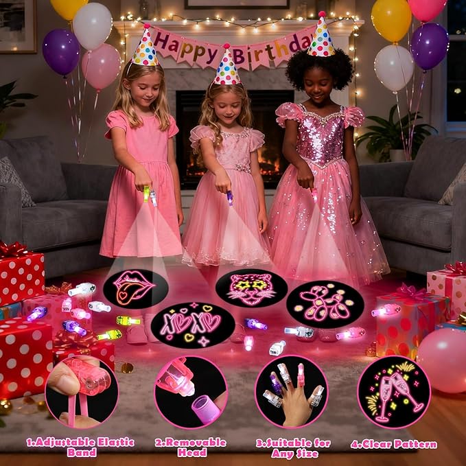 36 Pack Pink Party Favors LED Finger for Kids, Goodie Bags Stuffers, Glow in the Dark Pink Theme Birthday Party Supplies, Treasure Box Valentines Classroom Gifts