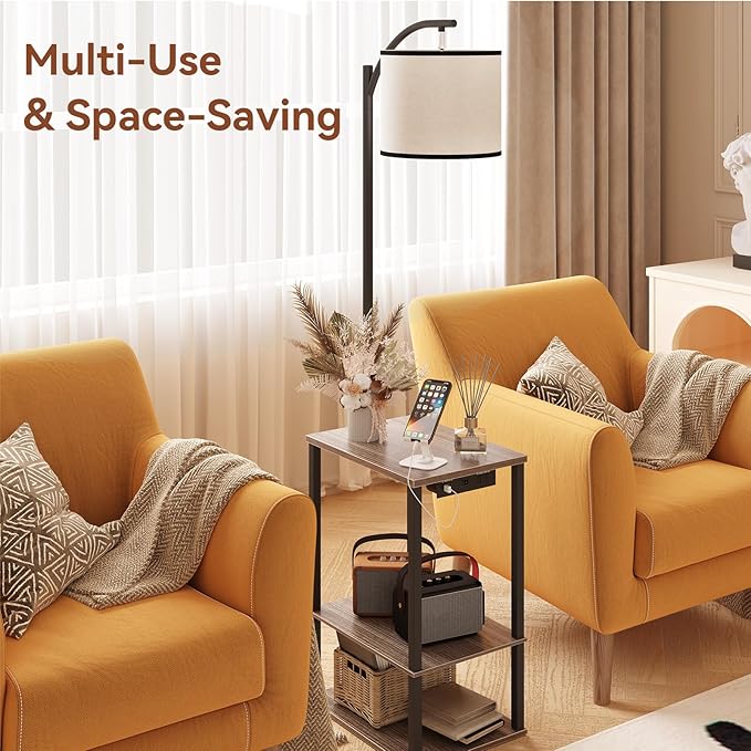 SUNMORY Floor Lamp with Table, End Table for Living Room with Lamp, Shelves Side Table with Charging Station(USB & AC Port), 3 Color Temperature LED Bulb, Modern Nightstand Lamp for Bedroom, Office
